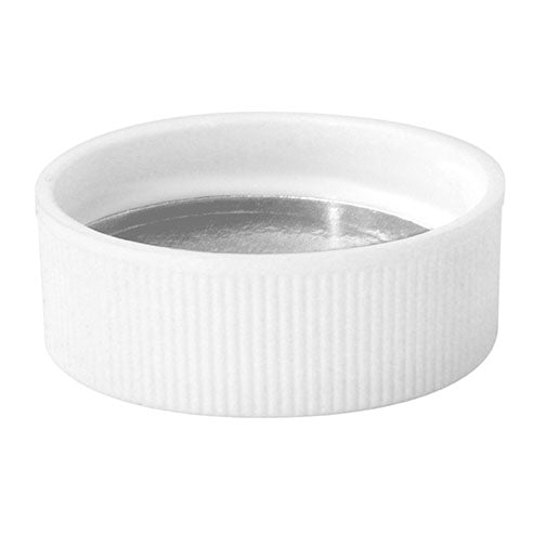 28-400 White Ribbed PP Plastic Cap w/ HIS Foil Liner (For HDPE)