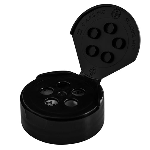 43-485 Black Dispensing Spice Caps, Flip Top - Sift, .250 Holes (HIS Foil Liner)