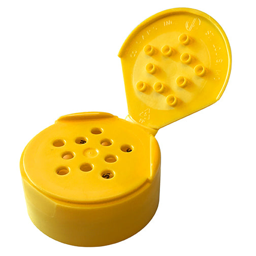43-485 Yellow Spice Dispensing Caps, Flip Top - Sift, .125 Holes w/ HIS Liner-underside
