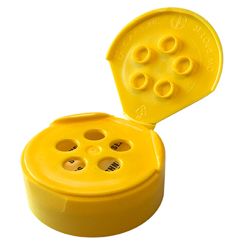 43-485 Yellow Dispensing Spice Caps, Flip Top - Sift, .250 Holes w/ HIS Liner