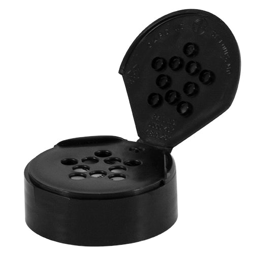 48-485 Black Dispensing Spice Caps, Flip-Top - Sift, .200 Holes w/ HIS Liner