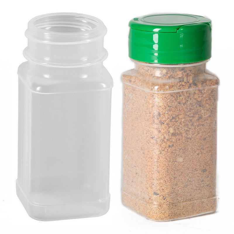 4 oz. Square Plastic Spice Bottle (PP) with and without Green Dispensing Spice Cap